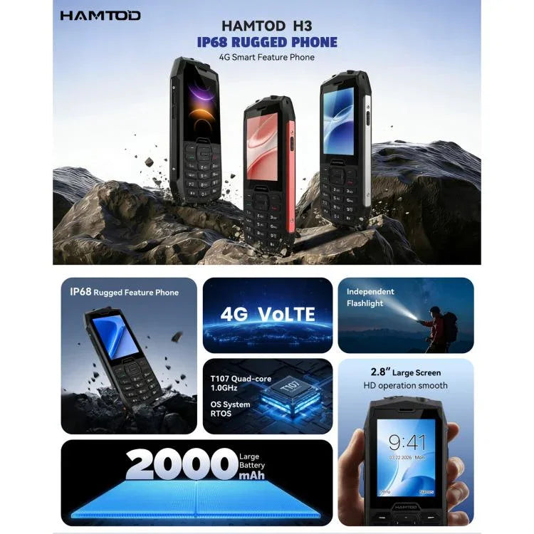HAMTOD H3 Điện thoại bền bỉ, Màn hình 2.8 inch T107 ARM CortexTM A7 Quad-core 1.0GHz, Mạng: 4G, VoLTE, BT, SOS, Phiên bản EU
