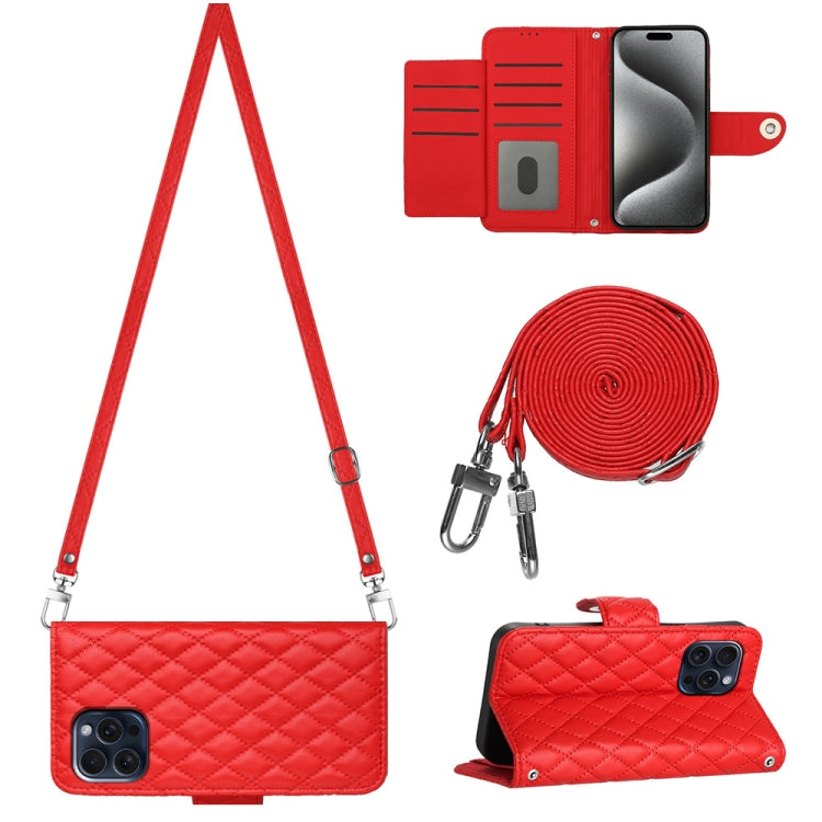 Rhombic Texture Flip Leather Phone Case with Long Lanyard, For iPhone 15 Pro Max, For iPhone 15 Pro, For iPhone 15 Plus, For iPhone 15, For iPhone 14 Plus, For iPhone 14, For iPhone 14 Pro, For iPhone 14 Pro Max