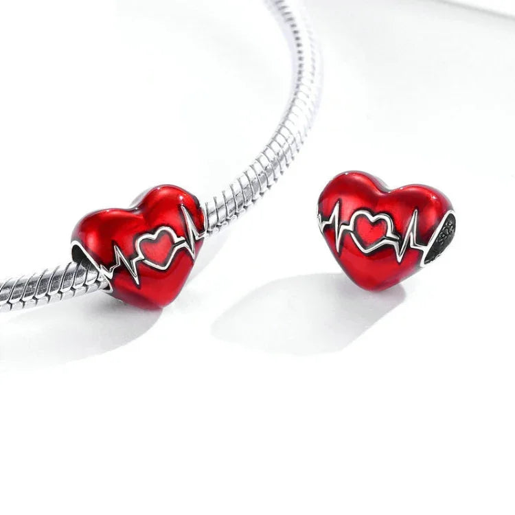 Phụ kiện vòng tay vòng cổ hạt mặt dây chuyền bạc S925 Sterling hình trái tim yêu nhịp đập tình yêu đỏ minh họa đường nét