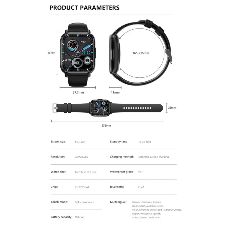 DM60+ đồng hồ thể thao thông minh BT5.2 1,83 inch, Hỗ trợ gọi Bluetooth / Giấc ngủ / Đường huyết / Oxy trong máu / Nhiệt độ / Nhịp tim / Huyết áp theo dõi sức khỏe