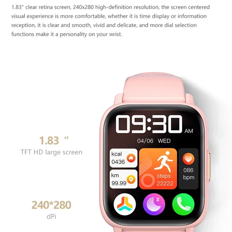 DM60+ đồng hồ thể thao thông minh BT5.2 1,83 inch, Hỗ trợ gọi Bluetooth / Giấc ngủ / Đường huyết / Oxy trong máu / Nhiệt độ / Nhịp tim / Huyết áp theo dõi sức khỏe