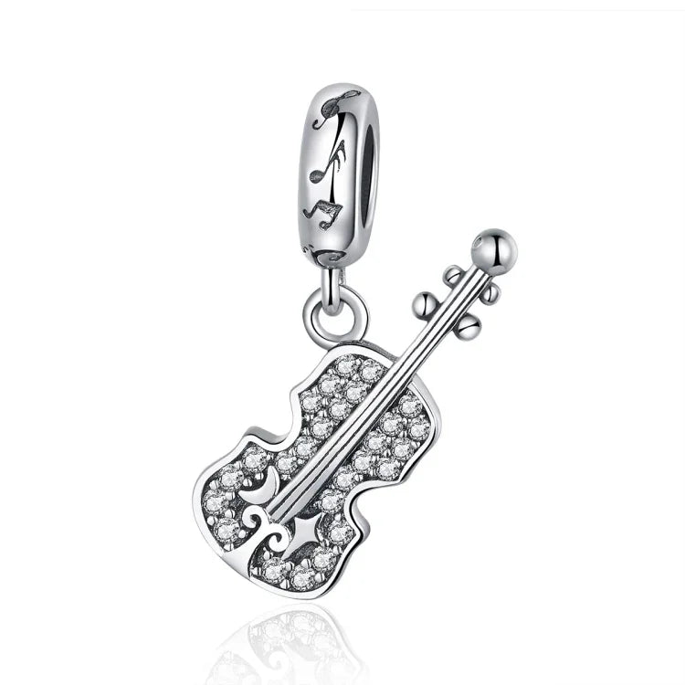 Phụ kiện mặt dây chuyền DIY violin bạc nguyên chất S925 đính đá zircon