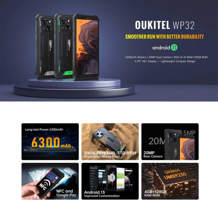 Oukitel WP32, IP68/IP69K, Màn hình 5.93 inch Android 13 Unisoc Tiger T606 Octa-core, NFC, OTG, Mạng: 4G, 4GB+128GB