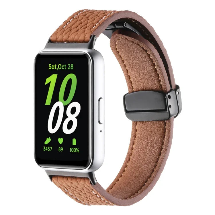 Dây đồng hồ da khóa đen từ tính họa tiết Litchi, dành cho Samsung Galaxy Fit 3