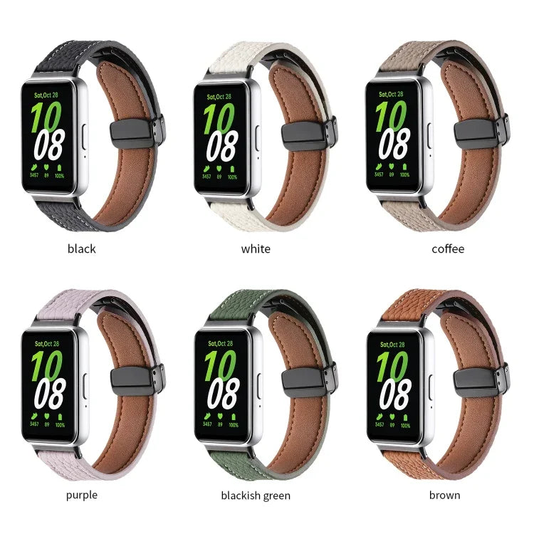 Dây đồng hồ da khóa đen từ tính họa tiết Litchi, dành cho Samsung Galaxy Fit 3