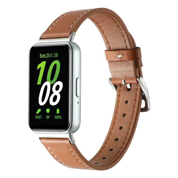 Sewing Thread Genuine Leather Watch Band, For Samsung Galaxy Fit 3