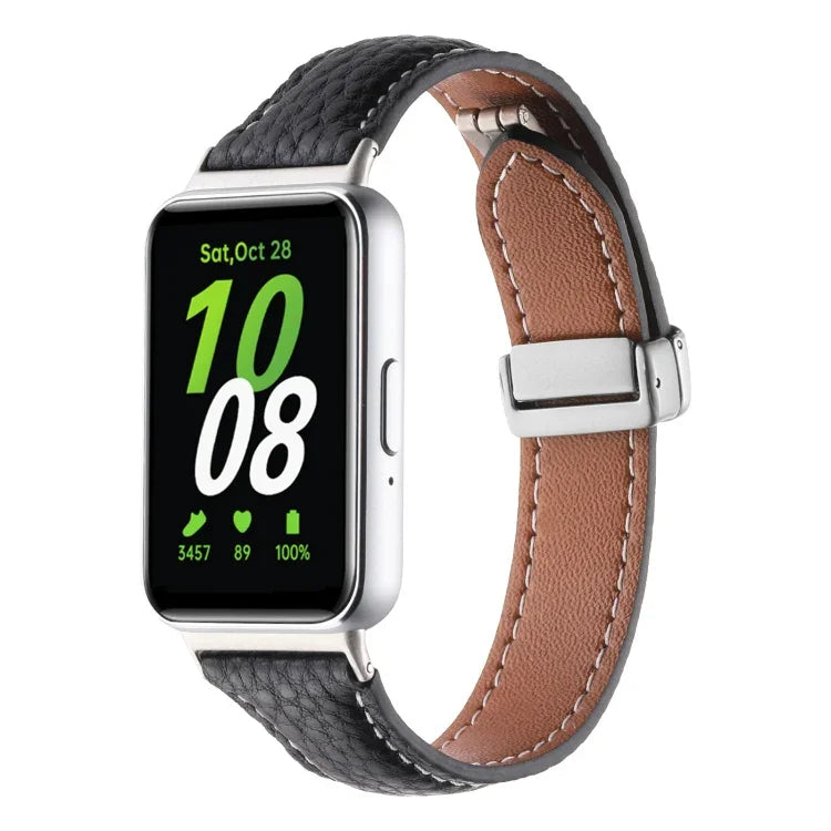 Dây đồng hồ da mảnh khóa từ tính họa tiết Litchi, dành cho Samsung Galaxy Fit 3