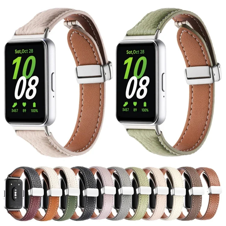 Dây đồng hồ da mảnh khóa từ tính họa tiết Litchi, dành cho Samsung Galaxy Fit 3