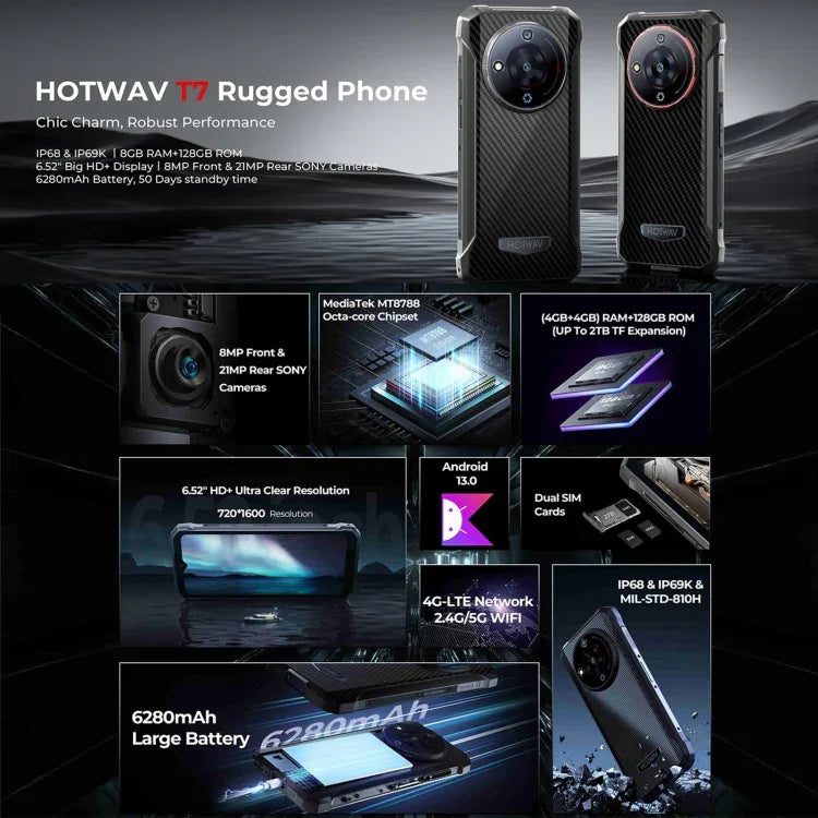 HOTWAV T7 Điện thoại bền bỉ, Pin 6280mAh, Màn hình 6.52 inch Android 13 MT8788 Octa Core, Mạng: 4G, OTG, 4GB+128GB