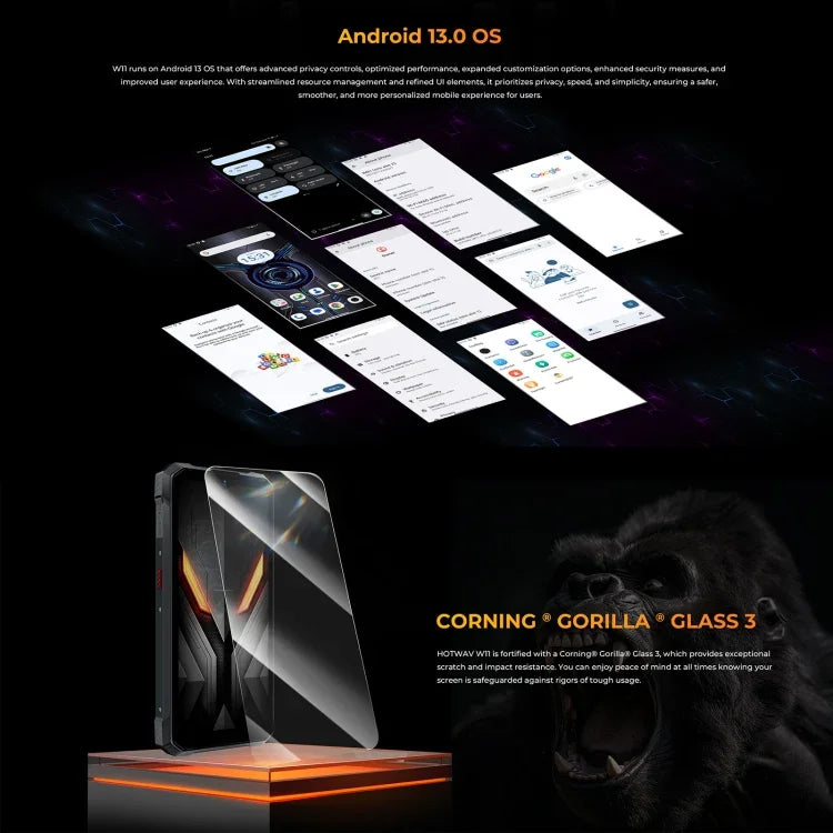 HOTWAV W11 Điện thoại bền bỉ, Tầm nhìn ban đêm, Pin 20800mAh, Màn hình 6.6 inch Android 13 MT8788 Octa Core, Mạng: 4G, OTG, Ghi âm cuộc gọi, 6GB+256GB