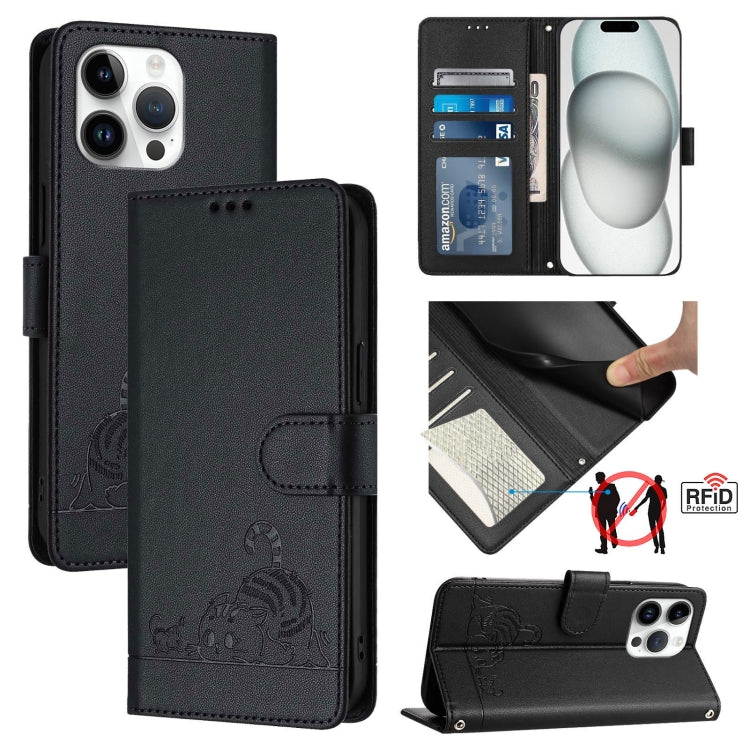 Cat Rat Embossed Pattern RFID Leather Phone Case with Lanyard, For iPhone 17 Pro Max, For iPhone 17 Pro, For iPhone 17, For iPhone Air, For iPhone SE 2024, For iPhone 15 Pro Max, For iPhone 15 Pro, For iPhone 15 Plus