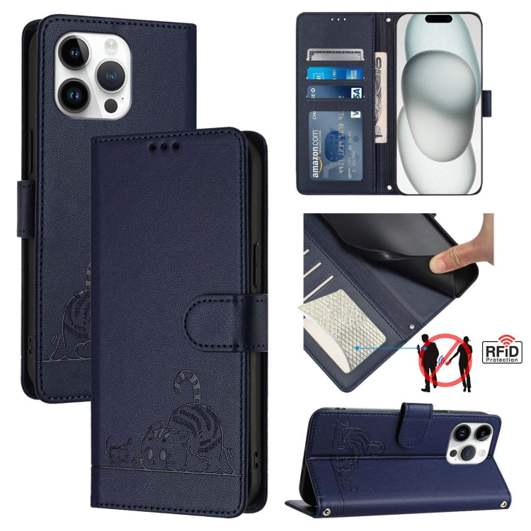 Cat Rat Embossed Pattern RFID Leather Phone Case with Lanyard, For iPhone 17 Pro Max, For iPhone 17 Pro, For iPhone 17, For iPhone Air, For iPhone SE 2024, For iPhone 15 Pro Max, For iPhone 15 Pro, For iPhone 15 Plus