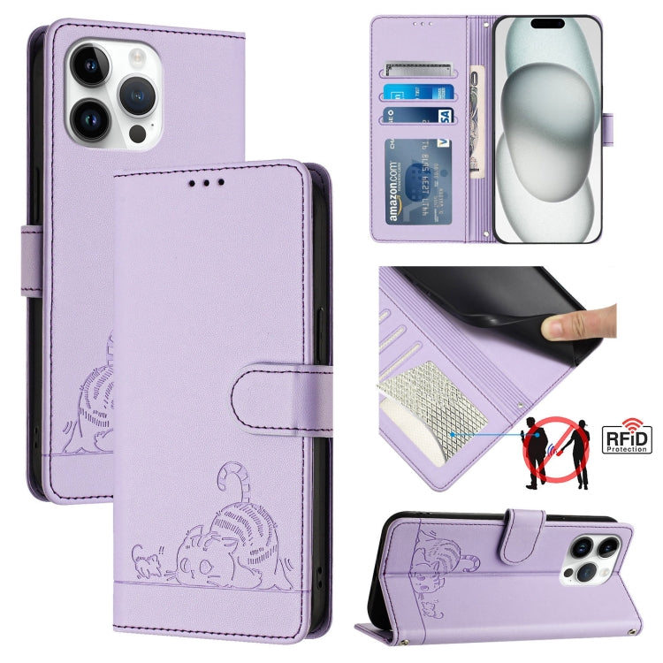 Cat Rat Embossed Pattern RFID Leather Phone Case with Lanyard, For iPhone 17 Pro Max, For iPhone 17 Pro, For iPhone 17, For iPhone Air, For iPhone SE 2024, For iPhone 15 Pro Max, For iPhone 15 Pro, For iPhone 15 Plus