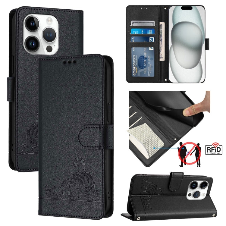 Cat Rat Embossed Pattern RFID Leather Phone Case with Lanyard, For iPhone 17 Pro Max, For iPhone 17 Pro, For iPhone 17, For iPhone Air, For iPhone SE 2024, For iPhone 15 Pro Max, For iPhone 15 Pro, For iPhone 15 Plus