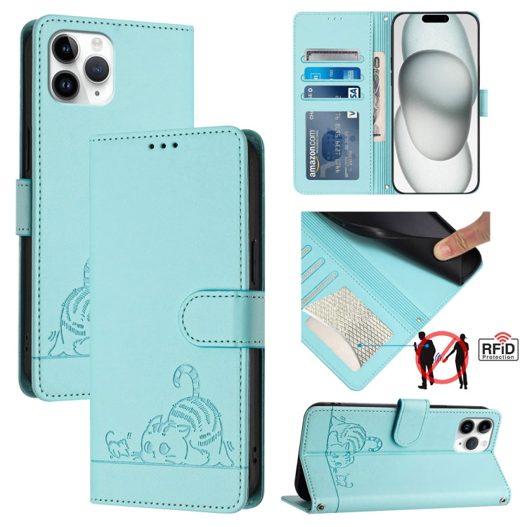 Bao da điện thoại RFID họa tiết nổi mèo chuột có dây đeo, dành cho iPhone 13 mini, iPhone 12/12 Pro, iPhone 12 Pro Max, iPhone 12 mini, iPhone 11 Pro Max, iPhone 11, iPhone 11 Pro, iPhone XS / X