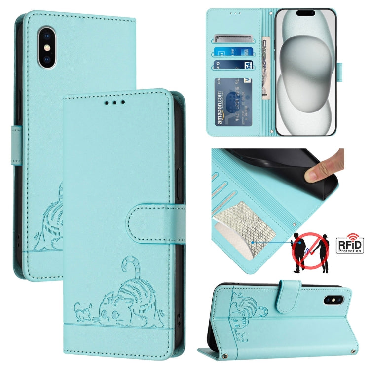 Bao da điện thoại RFID họa tiết nổi mèo chuột có dây đeo, dành cho iPhone 13 mini, iPhone 12/12 Pro, iPhone 12 Pro Max, iPhone 12 mini, iPhone 11 Pro Max, iPhone 11, iPhone 11 Pro, iPhone XS / X