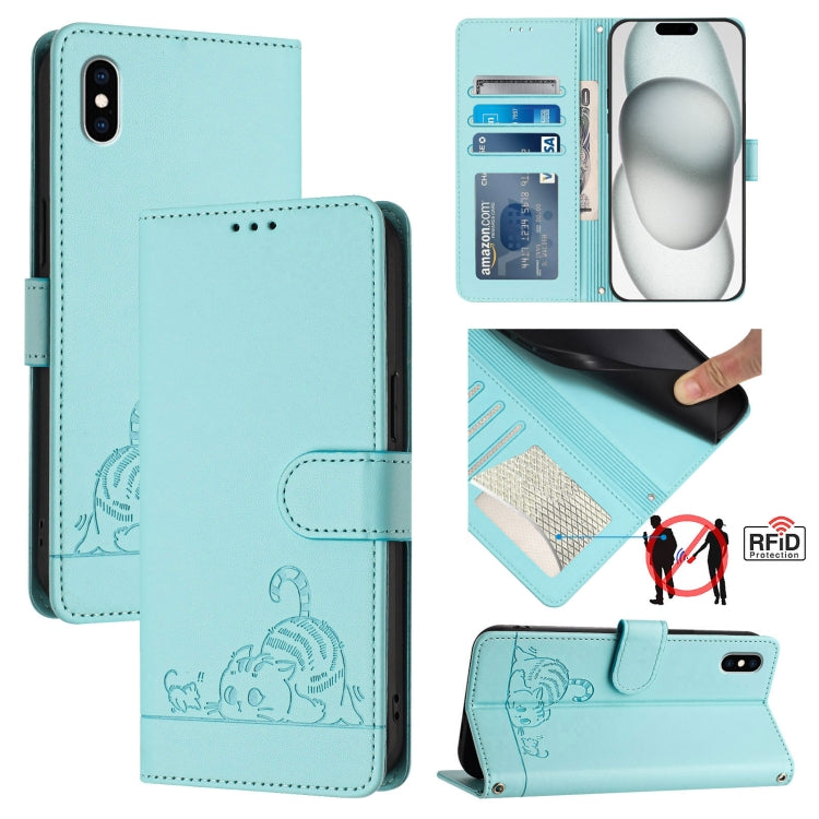 Ốp điện thoại da họa tiết nổi hình mèo chuột có RFID và dây đeo, dành cho iPhone XR, iPhone XS Max, iPhone 8 Plus / 7 Plus