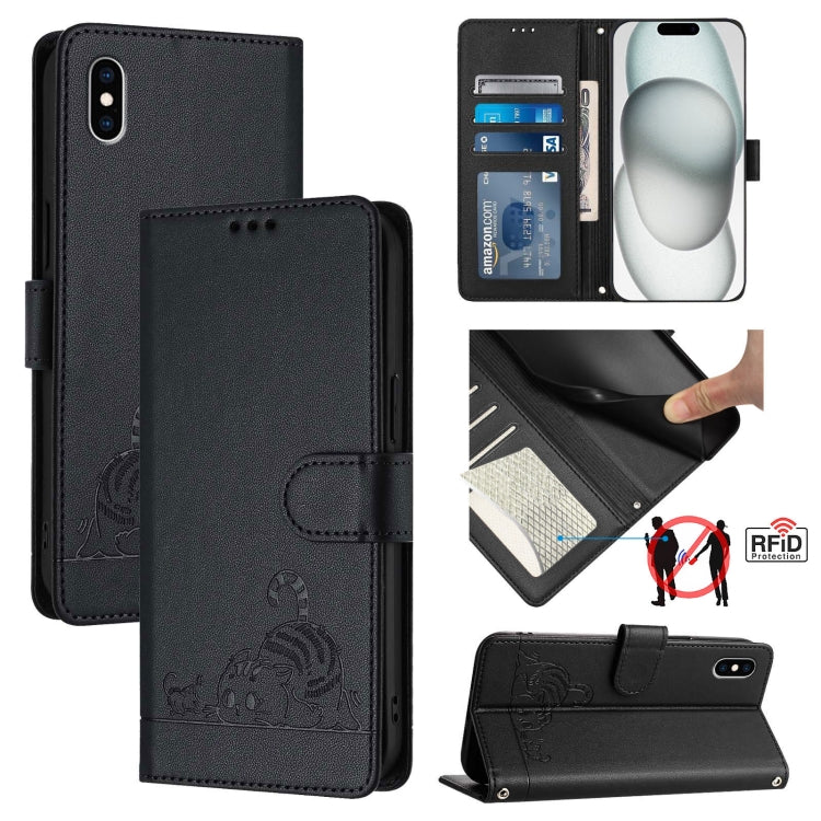 Ốp điện thoại da họa tiết nổi hình mèo chuột có RFID và dây đeo, dành cho iPhone XR, iPhone XS Max, iPhone 8 Plus / 7 Plus