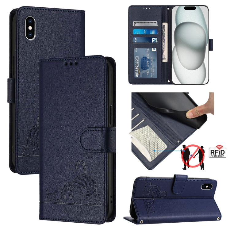 Ốp điện thoại da họa tiết nổi hình mèo chuột có RFID và dây đeo, dành cho iPhone XR, iPhone XS Max, iPhone 8 Plus / 7 Plus