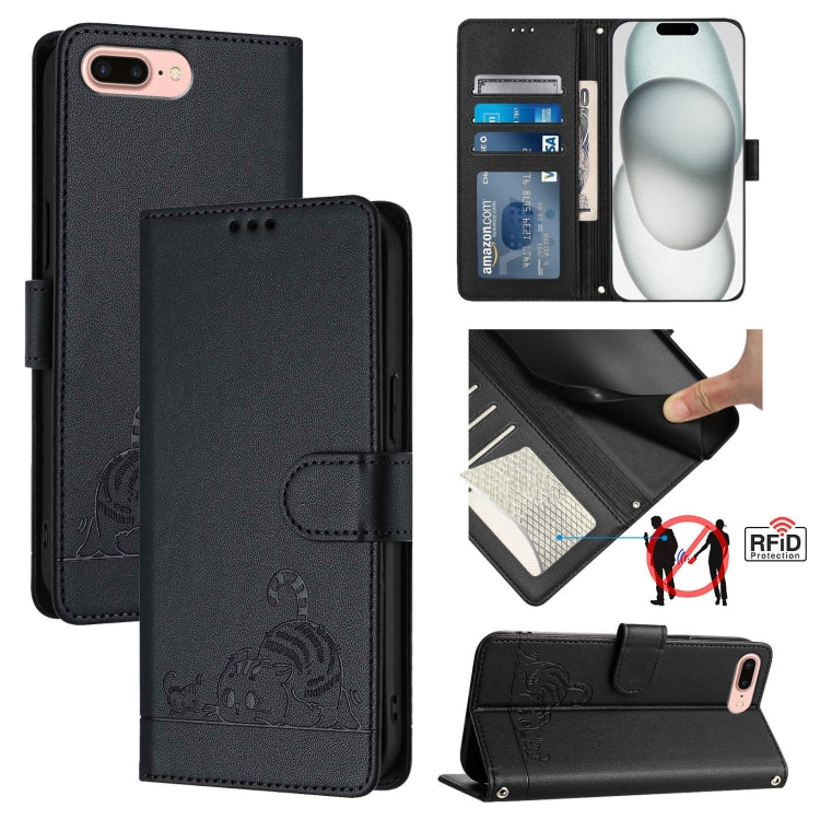 Ốp điện thoại da họa tiết nổi hình mèo chuột có RFID và dây đeo, dành cho iPhone XR, iPhone XS Max, iPhone 8 Plus / 7 Plus