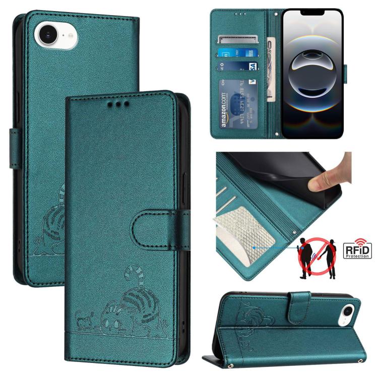 Cat Rat Embossed Pattern RFID Leather Phone Case with Lanyard, For iPhone 17 Pro Max, For iPhone 17 Pro, For iPhone 17, For iPhone Air, For iPhone SE 2024, For iPhone 15 Pro Max, For iPhone 15 Pro, For iPhone 15 Plus