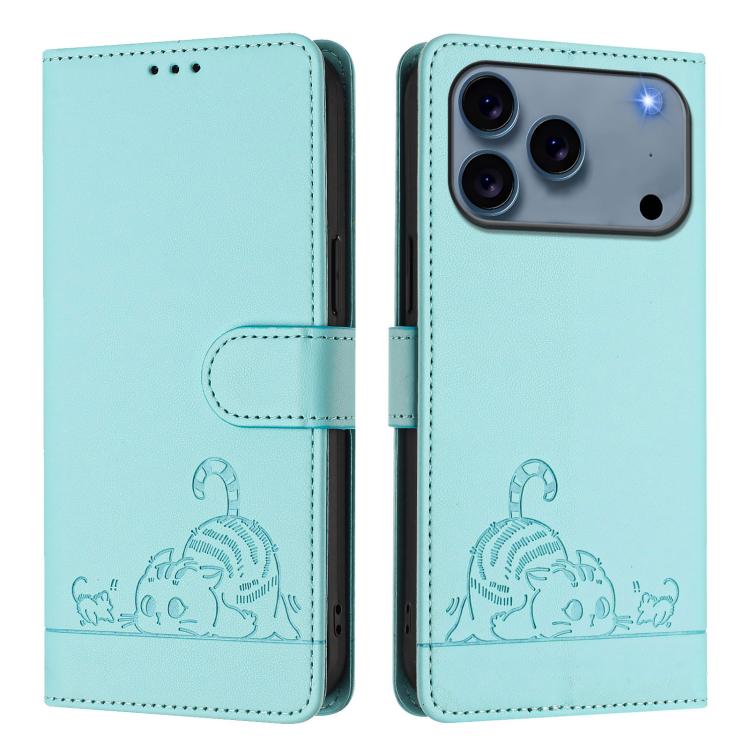 Cat Rat Embossed Pattern RFID Leather Phone Case with Lanyard, For iPhone 17 Pro Max, For iPhone 17 Pro, For iPhone 17, For iPhone Air, For iPhone SE 2024, For iPhone 15 Pro Max, For iPhone 15 Pro, For iPhone 15 Plus