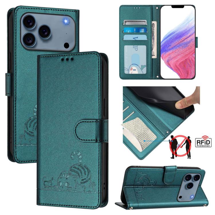 Cat Rat Embossed Pattern RFID Leather Phone Case with Lanyard, For iPhone 17 Pro Max, For iPhone 17 Pro, For iPhone 17, For iPhone Air, For iPhone SE 2024, For iPhone 15 Pro Max, For iPhone 15 Pro, For iPhone 15 Plus