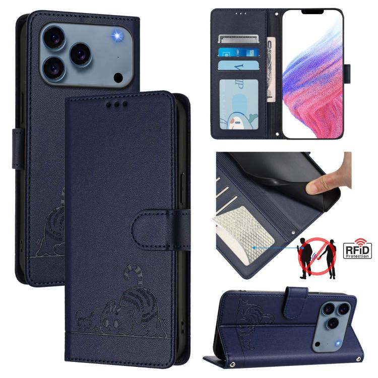 Cat Rat Embossed Pattern RFID Leather Phone Case with Lanyard, For iPhone 17 Pro Max, For iPhone 17 Pro, For iPhone 17, For iPhone Air, For iPhone SE 2024, For iPhone 15 Pro Max, For iPhone 15 Pro, For iPhone 15 Plus