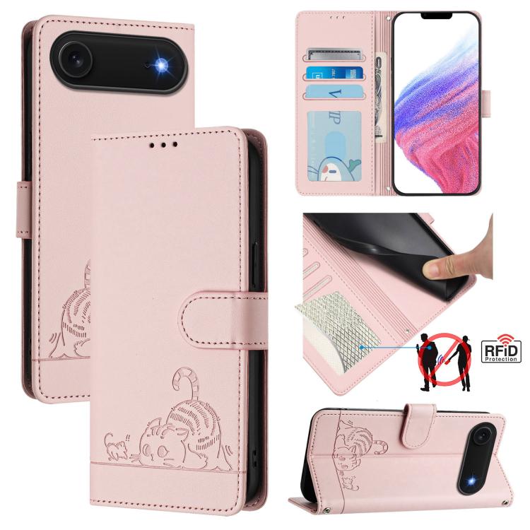 Cat Rat Embossed Pattern RFID Leather Phone Case with Lanyard, For iPhone 17 Pro Max, For iPhone 17 Pro, For iPhone 17, For iPhone Air, For iPhone SE 2024, For iPhone 15 Pro Max, For iPhone 15 Pro, For iPhone 15 Plus