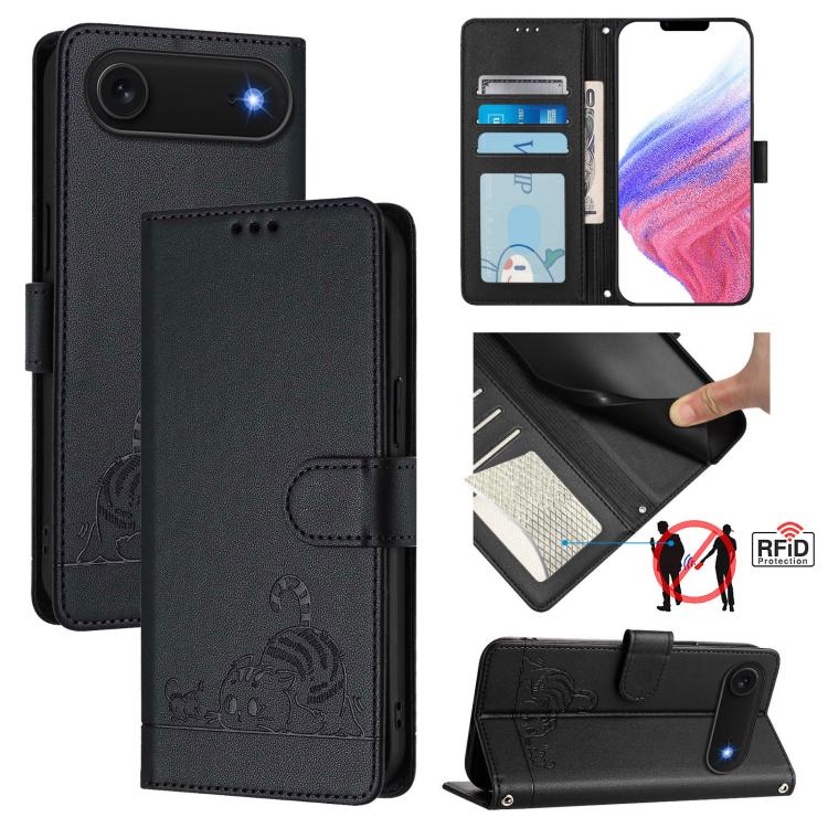 Cat Rat Embossed Pattern RFID Leather Phone Case with Lanyard, For iPhone 17 Pro Max, For iPhone 17 Pro, For iPhone 17, For iPhone Air, For iPhone SE 2024, For iPhone 15 Pro Max, For iPhone 15 Pro, For iPhone 15 Plus