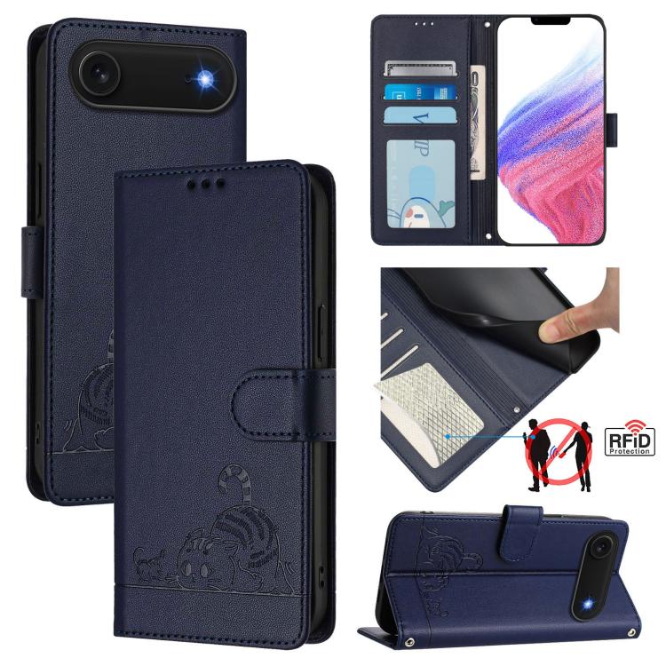 Cat Rat Embossed Pattern RFID Leather Phone Case with Lanyard, For iPhone 17 Pro Max, For iPhone 17 Pro, For iPhone 17, For iPhone Air, For iPhone SE 2024, For iPhone 15 Pro Max, For iPhone 15 Pro, For iPhone 15 Plus