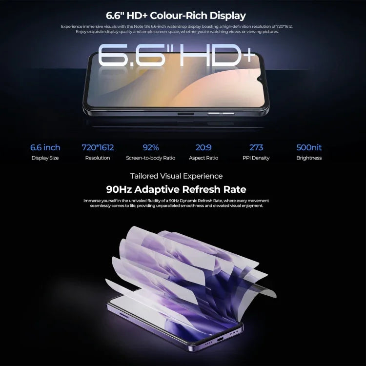 HOTWAV Note 13, Nhận diện vân tay bên cạnh, Màn hình 6.6 inch Android 13 T606 Octa Core lên đến 1.6GHz, Mạng: 4G, OTG, 4GB+128GB