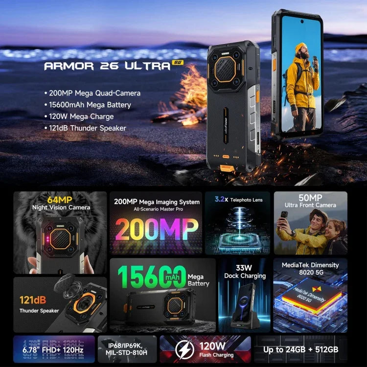 Ulefone Armor 26 Ultra Điện thoại bền bỉ, Màn hình 6.78 inch Android 13 MediaTek Dimensity 8020 Octa Core, Mạng: 5G, NFC, 12GB+512GB