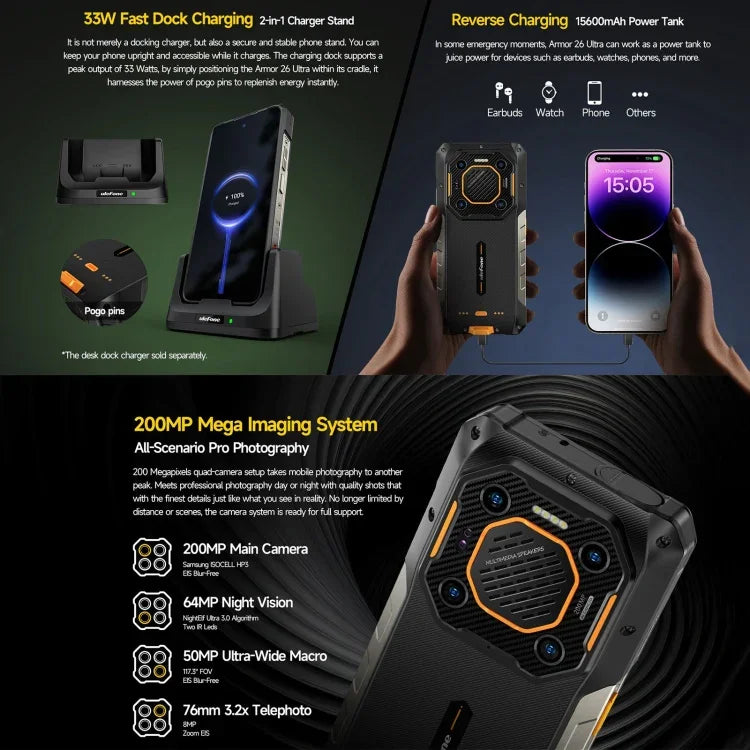 Ulefone Armor 26 Ultra Điện thoại bền bỉ, Màn hình 6.78 inch Android 13 MediaTek Dimensity 8020 Octa Core, Mạng: 5G, NFC, 12GB+512GB