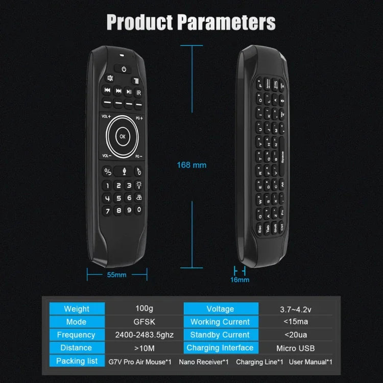 Bàn phím không dây điều khiển từ xa chuột bay G7V Pro 2.4GHz có đèn nền LED với con quay hồi chuyển cho Android TV Box / PC, Hỗ trợ giọng nói thông minh