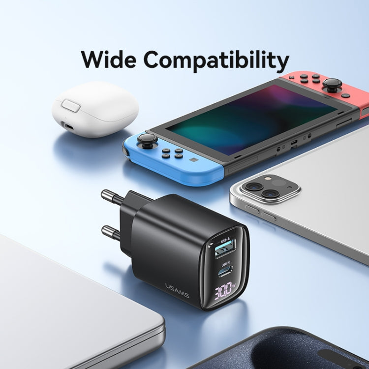 Bộ sạc GaN hiển thị kỹ thuật số 30W cổng đôi USB+USB-C / Type-C USAMS CC229, phích cắm EU