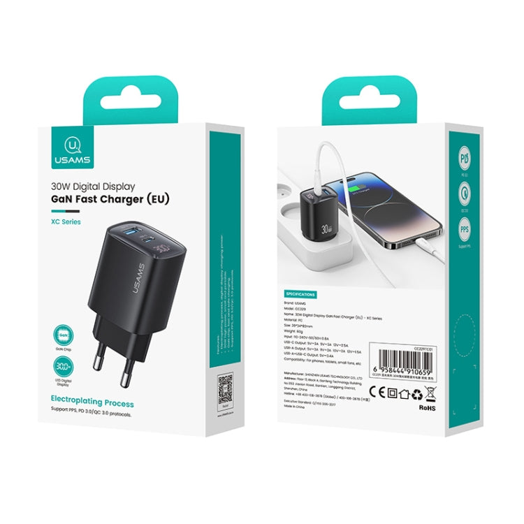 Bộ sạc GaN hiển thị kỹ thuật số 30W cổng đôi USB+USB-C / Type-C USAMS CC229, phích cắm EU