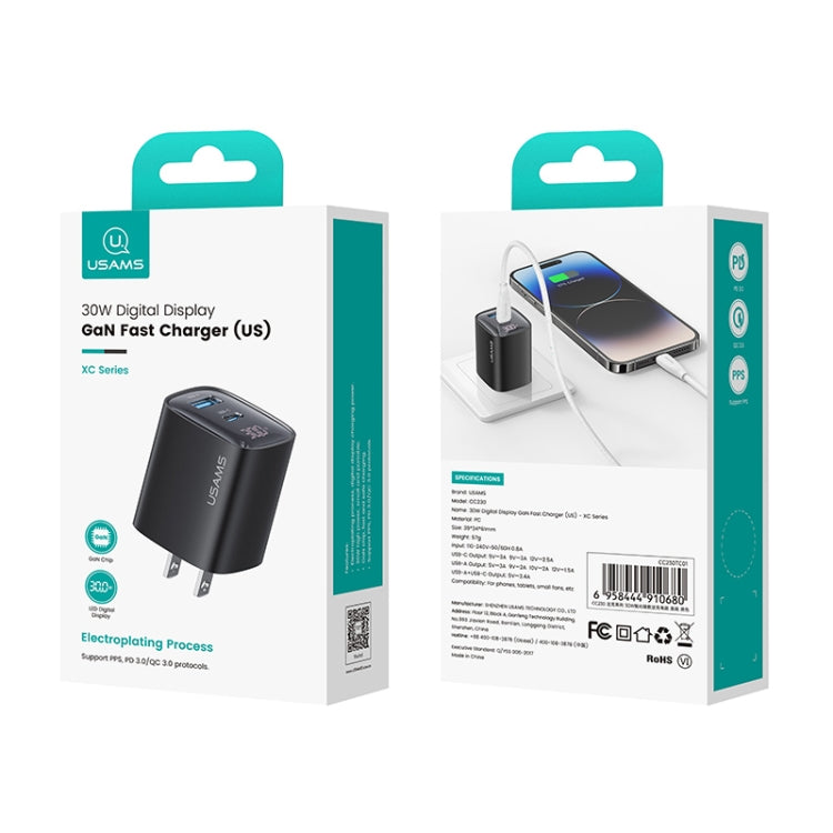 Bộ sạc GaN hiển thị kỹ thuật số 30W cổng đôi USB+USB-C / Type-C USAMS CC230, phích cắm US