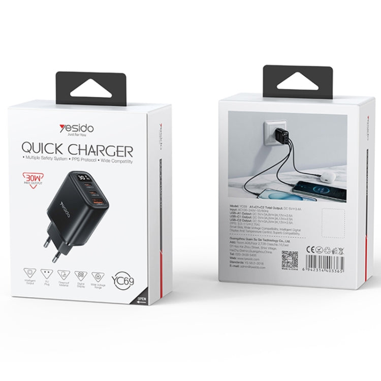 Sạc hiển thị kỹ thuật số Yesido YC69 30W USB + Dual USB-C / Type-C, Thông số kỹ thuật: Phích cắm EU, YC69