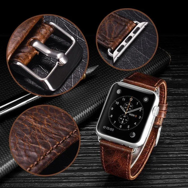 Dây Đeo Đồng Hồ Da Thật Họa Tiết Da Ngựa Điên Retro Đuôi Tròn Thay Thế, Dành Cho Apple Watch 5 & 4 44mm / 3 & 2 & 1 42mm, Dành Cho Apple Watch Series 7 41mm / 6 & SE & 5 & 4 40mm / 3 & 2 & 1 38mm