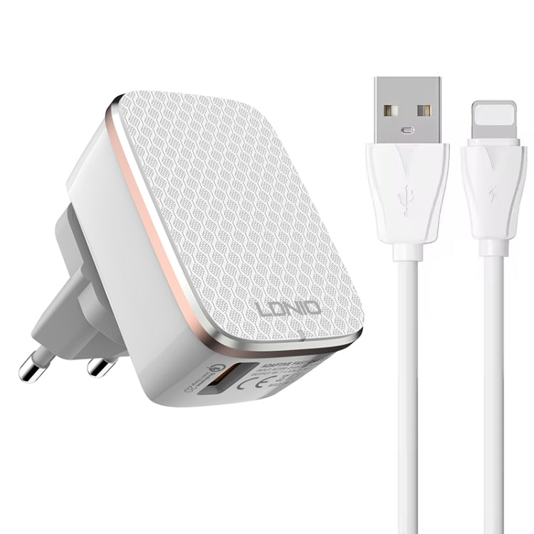 Bộ sạc nhanh USB QC3.0 18W LDNIO A1204Q kèm cáp USB sang 8 Pin dài 1m, phích cắm EU, phích cắm UK, phích cắm US