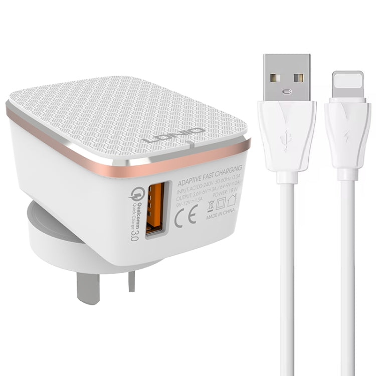 Bộ sạc nhanh USB QC3.0 18W LDNIO A1204Q kèm cáp USB sang 8 Pin dài 1m, phích cắm EU, phích cắm UK, phích cắm US