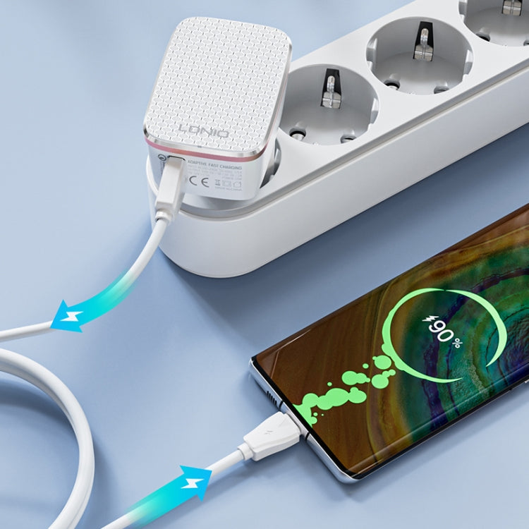 Bộ sạc nhanh USB QC3.0 18W LDNIO A1204Q kèm cáp USB sang 8 Pin dài 1m, phích cắm EU, phích cắm UK, phích cắm US