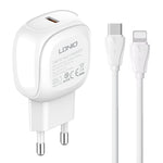 Bộ sạc nhanh PD27W USB-C / Type-C LDNIO A1206C kèm cáp 8 Pin dài 1m, phích cắm EU