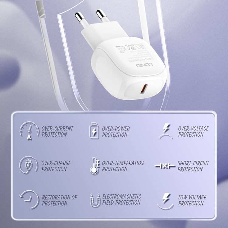 Bộ sạc nhanh PD27W USB-C / Type-C LDNIO A1206C kèm cáp 8 Pin dài 1m, phích cắm EU