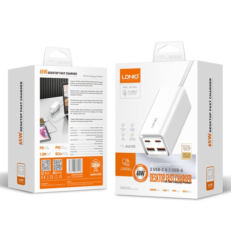 Bộ sạc nhanh LDNIO A4610C PD65W đôi USB-C / Type-C + đôi USB, chiều dài cáp: 1.5m, phích cắm EU, A4610C (phích cắm UK), phích cắm US