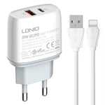 Bộ sạc nhanh QC3.0 / PD20W USB + Type-C LDNIO Q229 kèm cáp USB sang 8 Pin dài 1m, phích cắm EU, phích cắm UK, phích cắm US