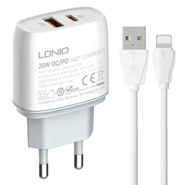 Bộ sạc nhanh QC3.0 / PD20W USB + Type-C LDNIO Q229 kèm cáp USB sang 8 Pin dài 1m, phích cắm EU, phích cắm UK, phích cắm US