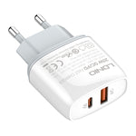 Bộ sạc nhanh QC3.0 / PD20W USB + Type-C LDNIO Q229 kèm cáp USB sang 8 Pin dài 1m, phích cắm EU, phích cắm UK, phích cắm US