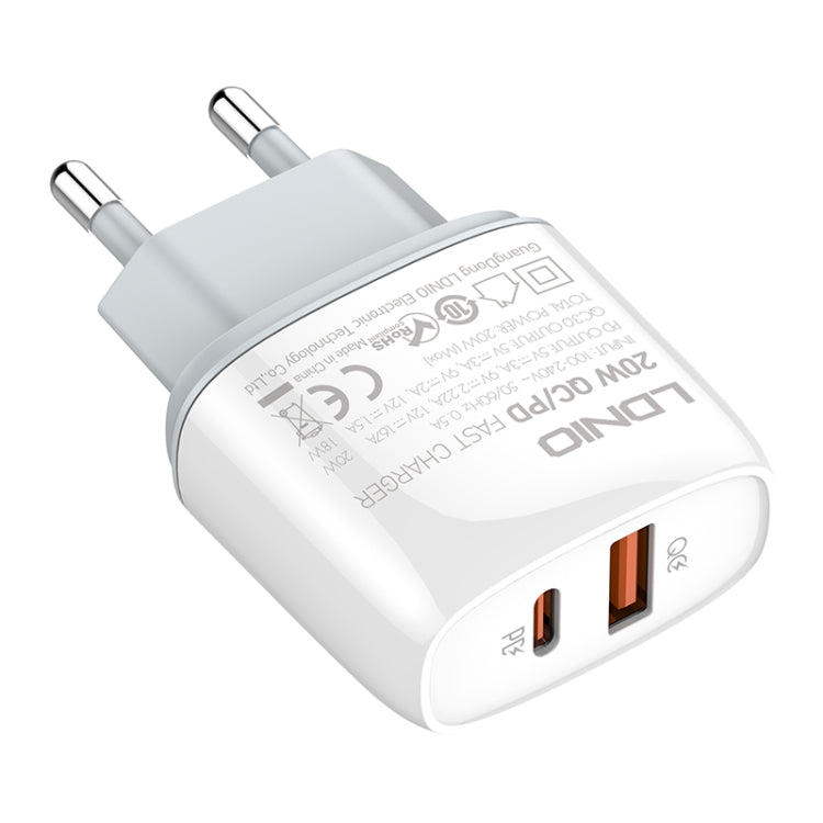 Bộ sạc nhanh QC3.0 / PD20W USB + Type-C LDNIO Q229 kèm cáp USB sang 8 Pin dài 1m, phích cắm EU, phích cắm UK, phích cắm US